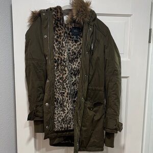Forever 21 Olive Bomber Jacket with Leopard Lining